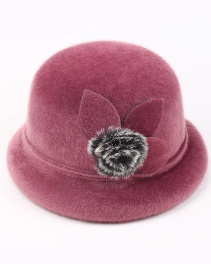 Mink Fleece Pom-pom Flower Full Cuff Hat
