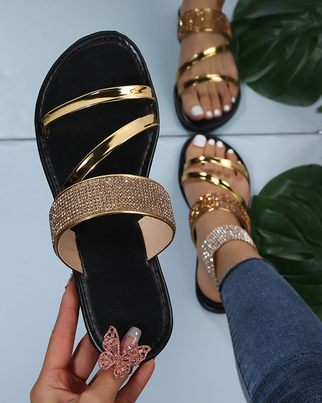 Round Toe Rhinestone Flat Slippers