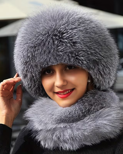 Women's Dome-Shaped Fox Fur Wide Brim Pom-Pom Hat