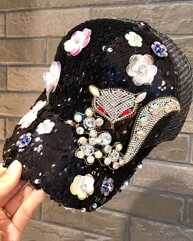 High-Quality Rhinestone & Sequin-Embellished Fox Accent Baseball Cap