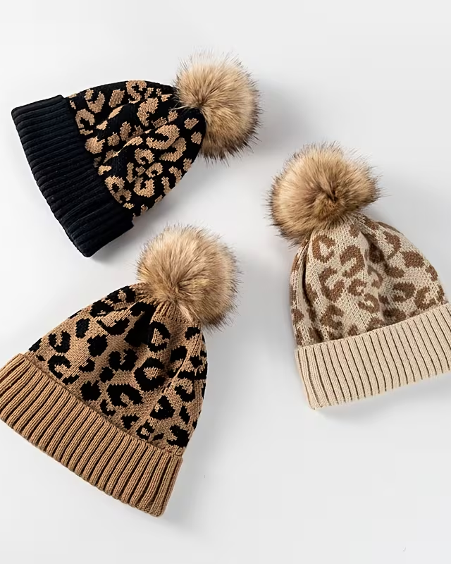 Casual Leopard Patchwork Fuzzy Thick Knitted Beanie Hat