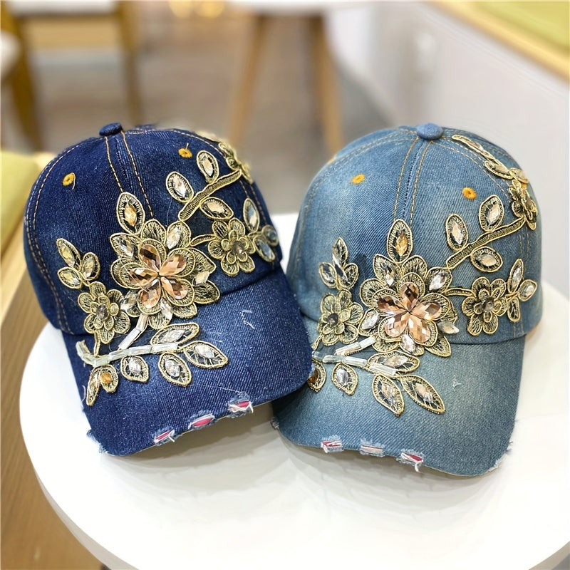 Fashionable Rhinestone-Studded Baseball Cap with Intricate Golden