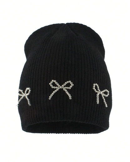 Winter Warm Knitted Elegant Beaded Bow Cute Hat