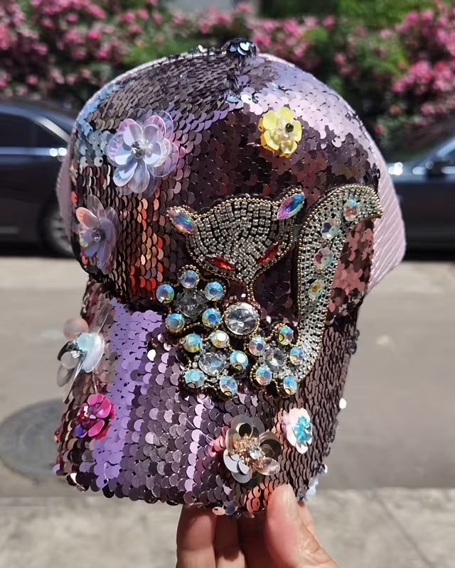 High-Quality Rhinestone & Sequin-Embellished Fox Accent Baseball Cap