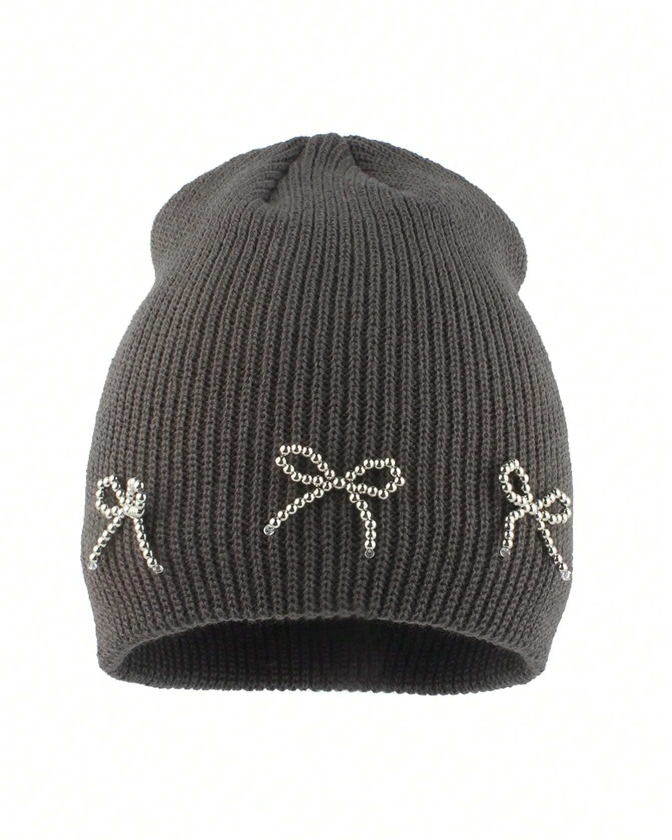 Winter Warm Knitted Elegant Beaded Bow Cute Hat