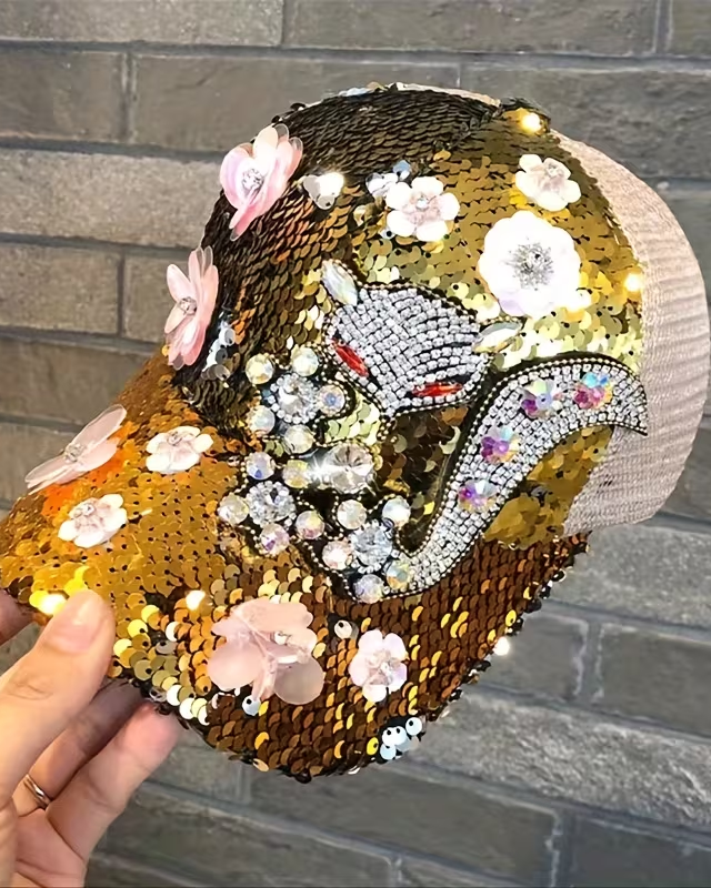 High-Quality Rhinestone & Sequin-Embellished Fox Accent Baseball Cap