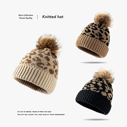 Casual Leopard Patchwork Fuzzy Thick Knitted Beanie Hat
