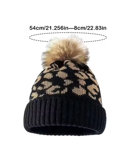 Casual Leopard Patchwork Fuzzy Thick Knitted Beanie Hat