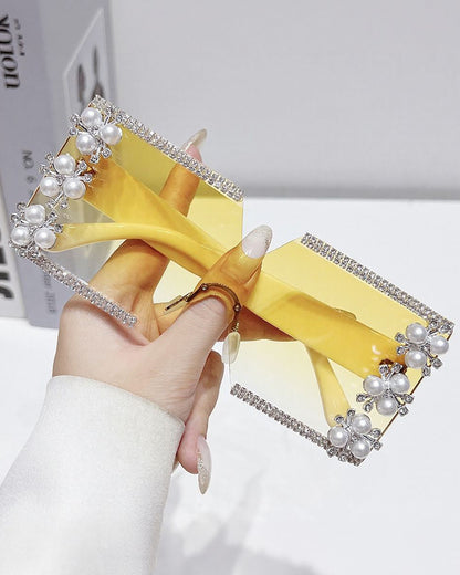 Elegant Flower Decor No Frame Square Luxury Rhinestone Glasses