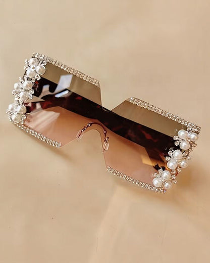 Elegant Flower Decor No Frame Square Luxury Rhinestone Glasses
