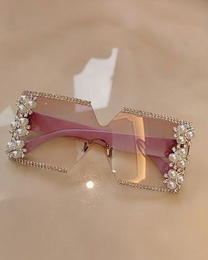 Elegant Flower Decor No Frame Square Luxury Rhinestone Glasses