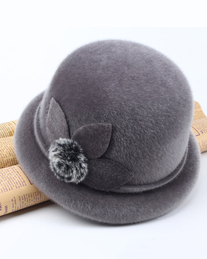 Mink Fleece Pom-pom Flower Full Cuff Hat