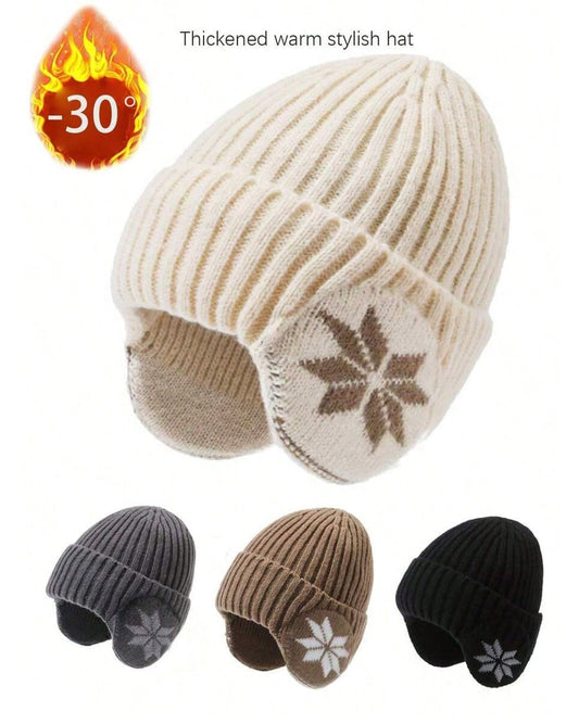 Fleece-lined Thermal Knit Earflap Hat with Snowflake Pattern