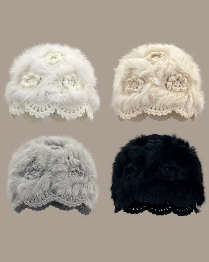 Hand-Crocheted Flower Openwork Angora Beanie