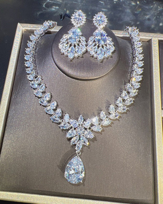 Crystal & Moissanite Pendant Necklace + Earrings Jewelry Set