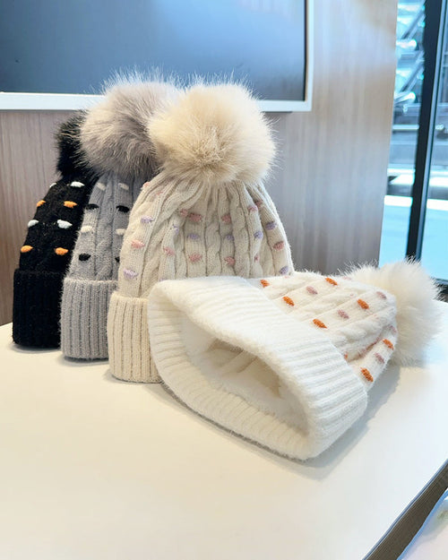 Knitted Fleece-Lined Pom-Pom Hat