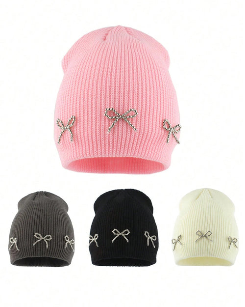 Winter Warm Knitted Elegant Beaded Bow Cute Hat