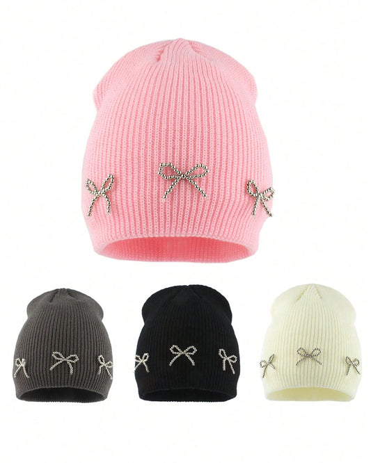 Winter Warm Knitted Elegant Beaded Bow Cute Hat