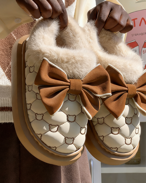 Bow Accent Fleece-Lined Warm Non-Slip Platform Cotton Shoes