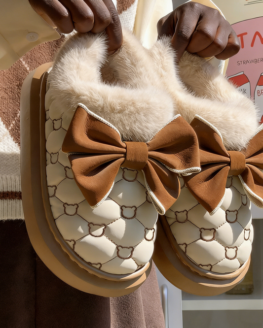 Bow Accent Fleece-Lined Warm Non-Slip Platform Cotton Shoes