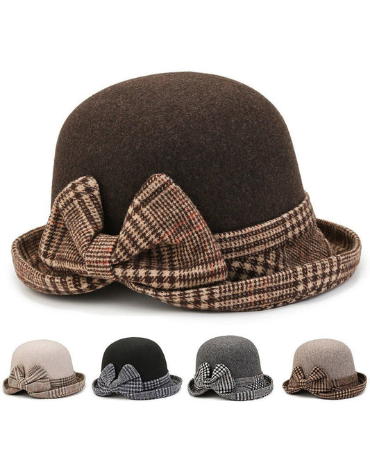 Plaid Bow Tweed Warm Bucket Hat