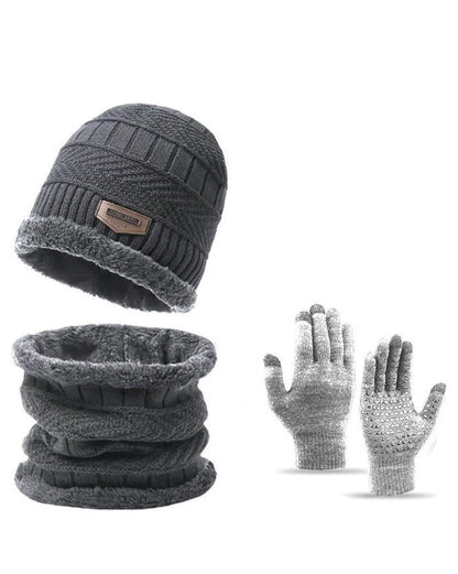 Thickened Knitted Hat Wool Gloves Scarf Hat Plus Velvet Three-piece Set