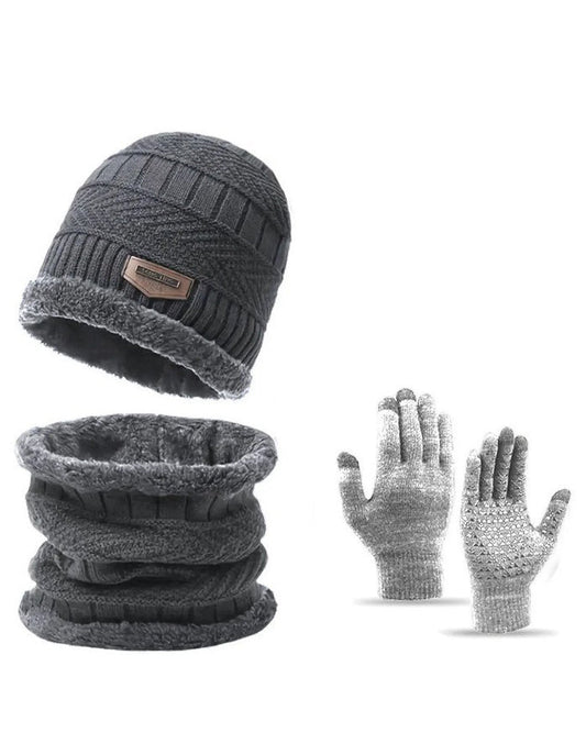 Thickened Knitted Hat Wool Gloves Scarf Hat Plus Velvet Three-piece Set