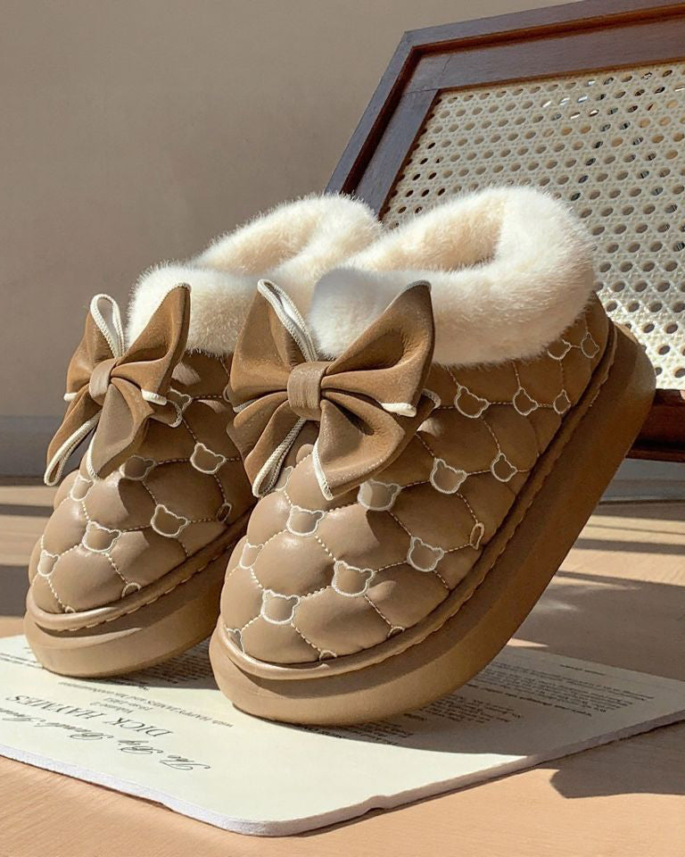 Bow Accent Fleece-Lined Warm Non-Slip Platform Cotton Shoes