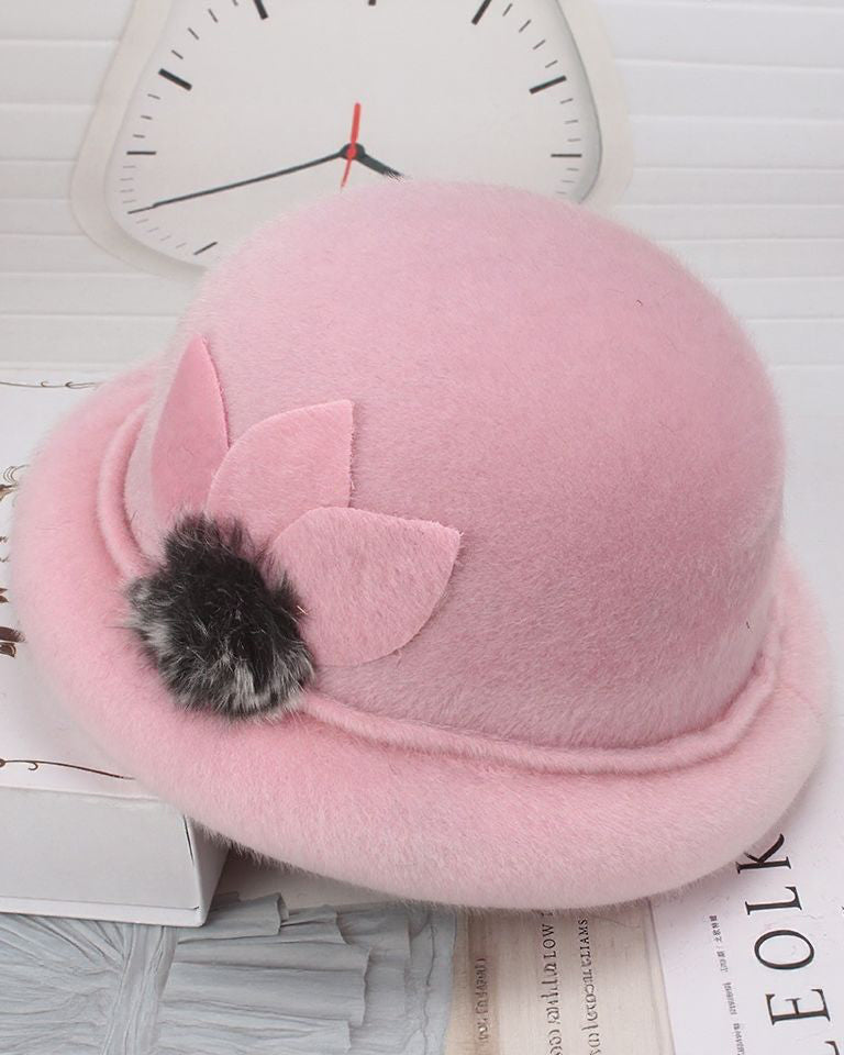 Mink Fleece Pom-pom Flower Full Cuff Hat