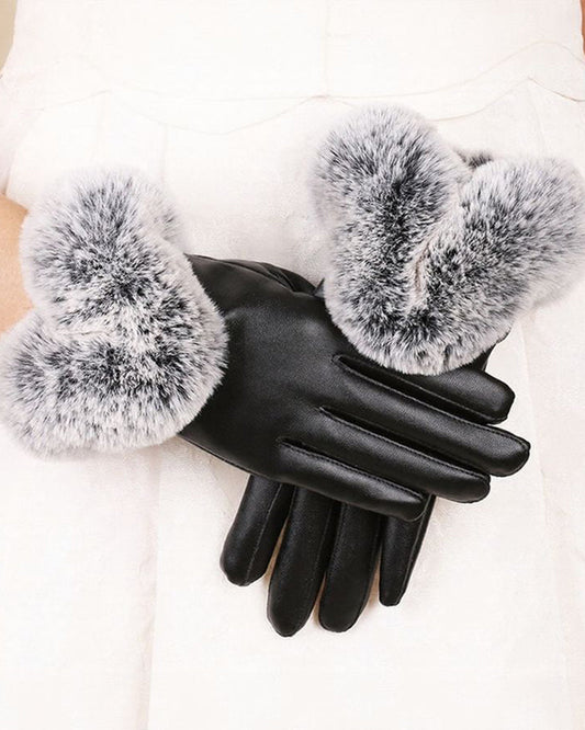 PU Leather Rabbit Fur Fleece-Lined Touchscreen Gloves