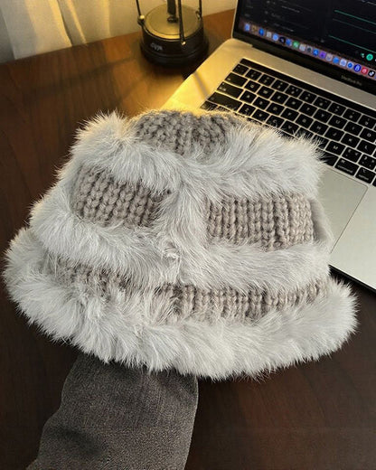 Rabbit Fur Knitted Earflap Wool Thermal Bucket Hat