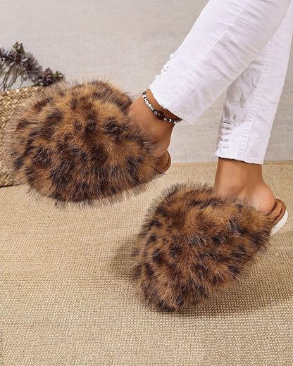 Leopard Print Fluffy Long Plush Closed Toe Warm Cotton Slippers