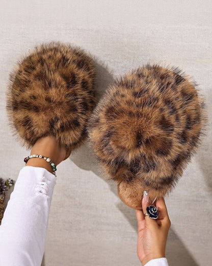 Leopard Print Fluffy Long Plush Closed Toe Warm Cotton Slippers