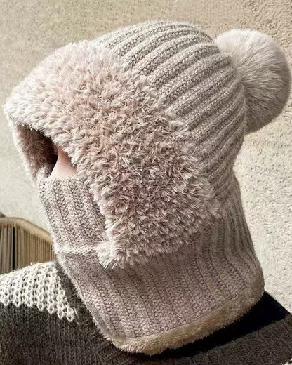 Knitted Plush Warmth-Retaining Scarf-Integrated Pull-On Beanie