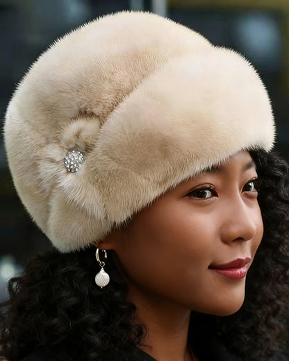 Genuine Mink Fur Thickened Windproof Crystal Flower Insulated Hat