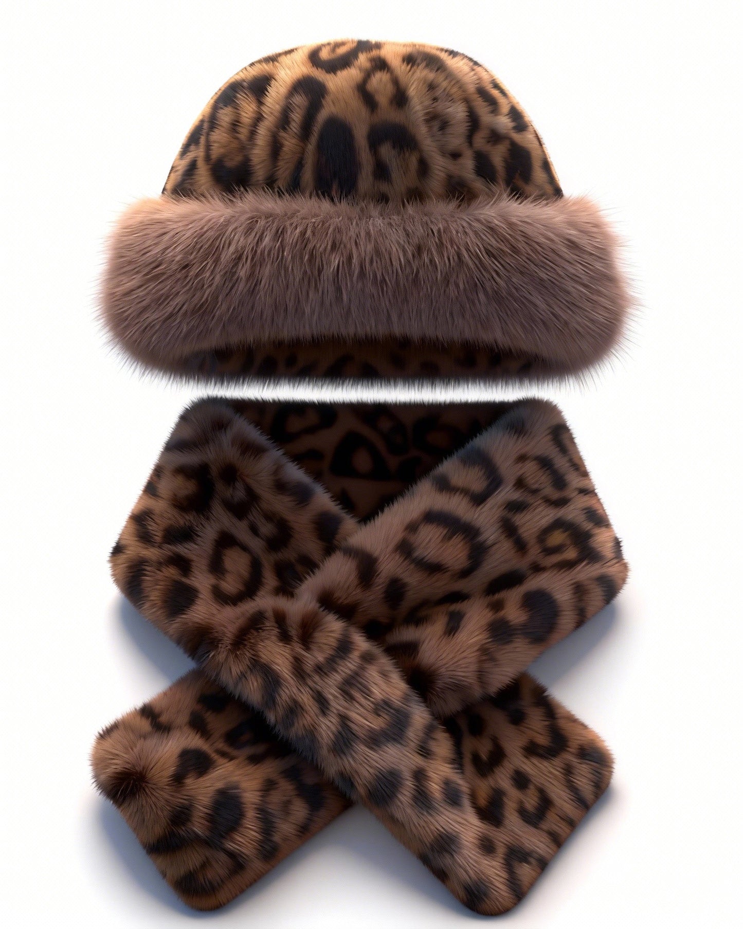 Leopard Print Thickened Warm Fluffy Hat Scarf Set