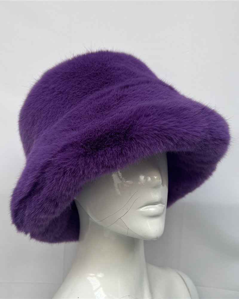 Solid Color Faux Fox Fur Pot Hat Fisherman Hat