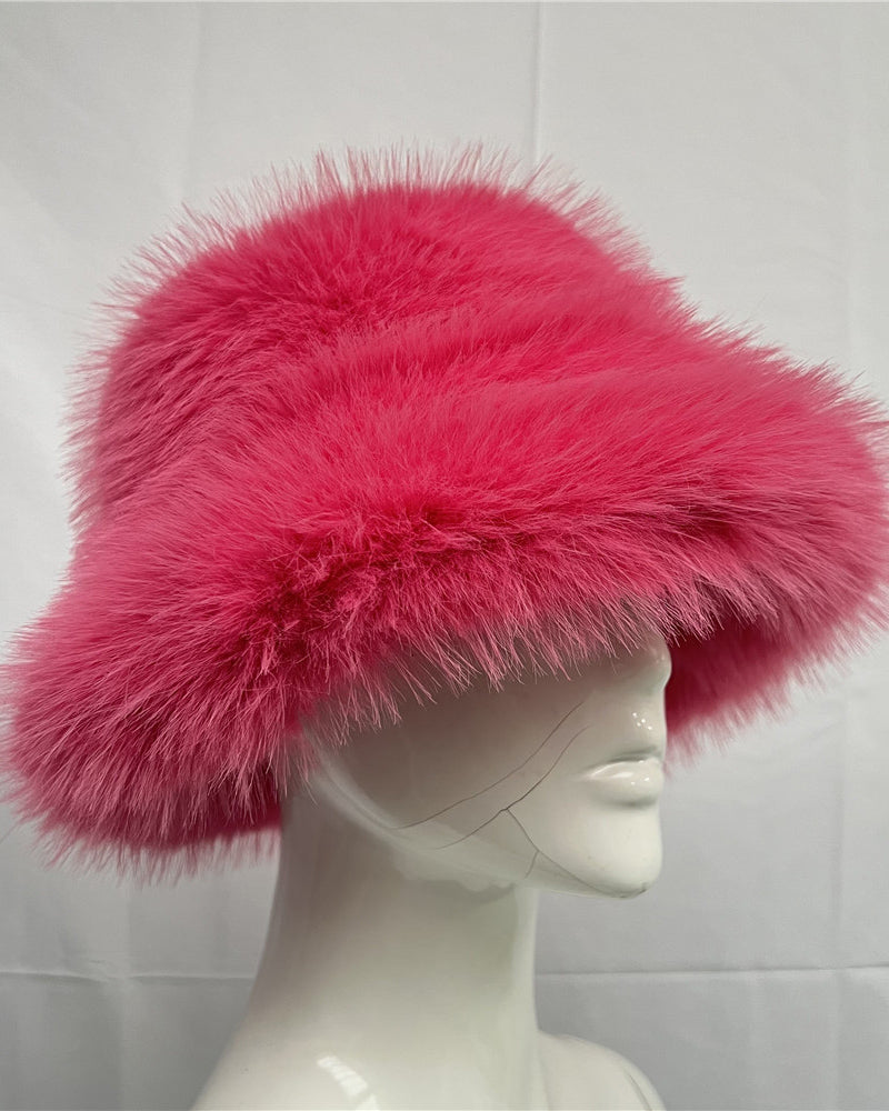 Solid Color Faux Fox Fur Pot Hat Fisherman Hat