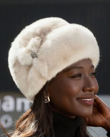 Genuine Mink Fur Thickened Windproof Crystal Flower Insulated Hat