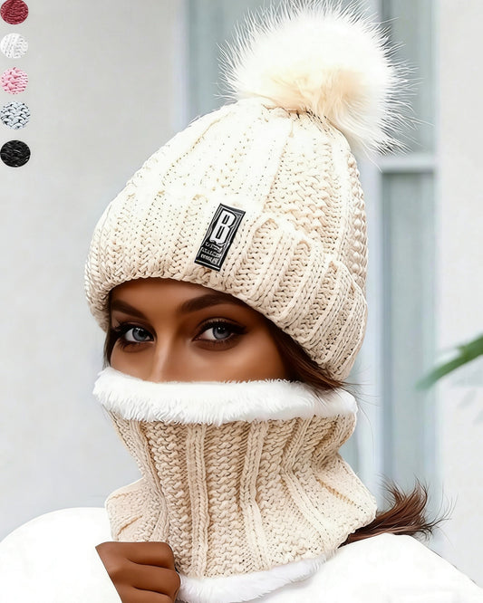 2pcs/Set Women Winter Beret Hat And Pom Pom Fleece Lined Neck Warmer Scarf Set