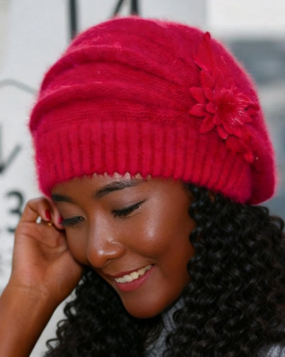 Flower Rabbit Hat Beret Warm Knitted Wool Hat