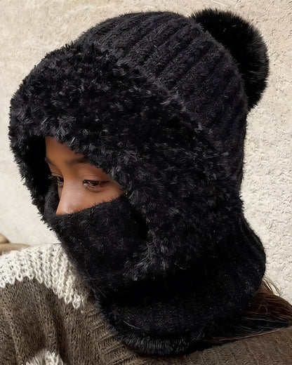 Knitted Plush Warmth-Retaining Scarf-Integrated Pull-On Beanie