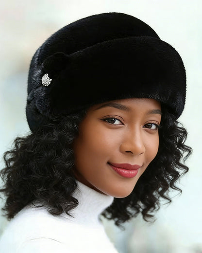 Genuine Mink Fur Thickened Windproof Crystal Flower Insulated Hat