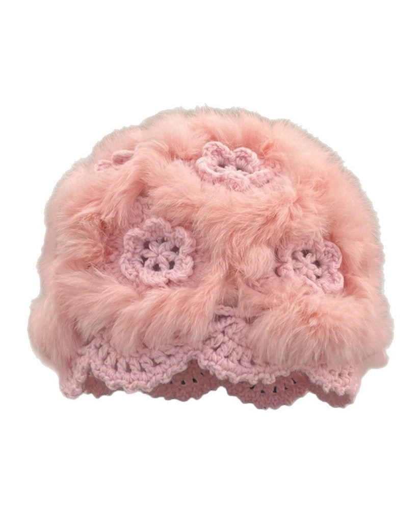 Hand-Crocheted Flower Openwork Angora Beanie