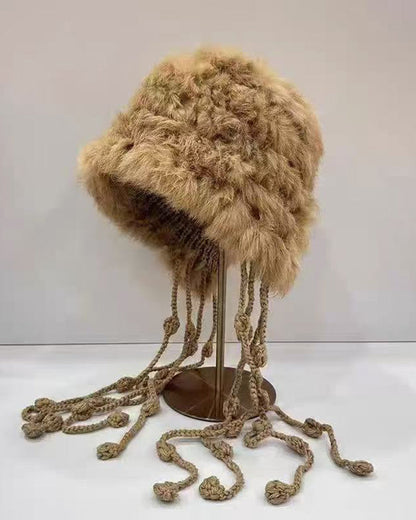 Hand-Knitted Rabbit Fur Plush Ear-Flap Hat