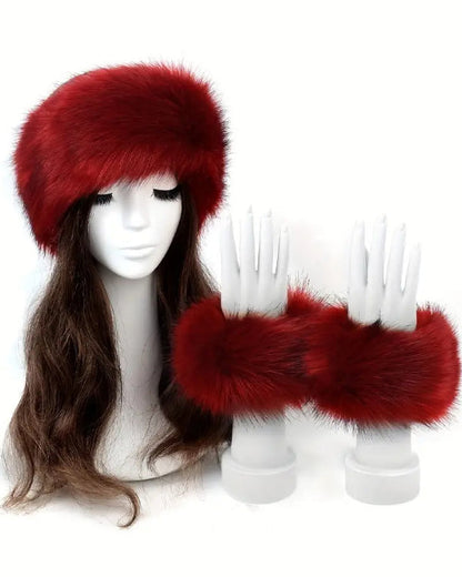 2pcs Set Solid Color Acrylic Fuzzy Beanie Hat And Cuffs