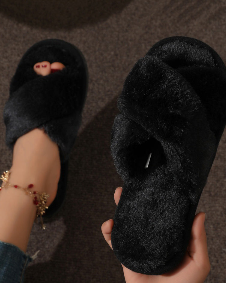 Warm Fuzzy Plush Pearl Criss Cross Flat Slippers