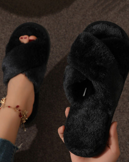 Warm Fuzzy Plush Pearl Criss Cross Flat Slippers