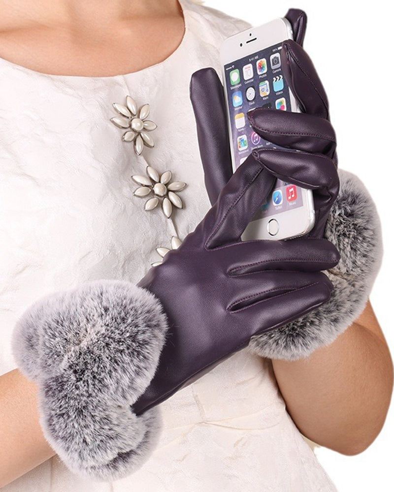 PU Leather Rabbit Fur Fleece-Lined Touchscreen Gloves