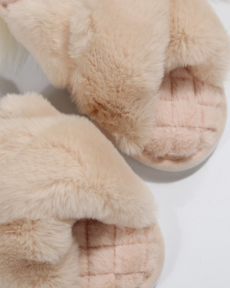 Criss Cross Open Toe Rabbit Fur Winter Warm Fleece Slippers